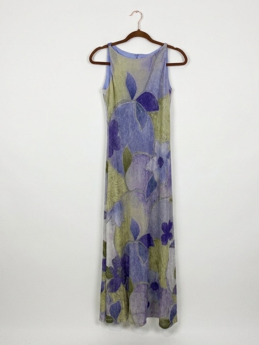 VTG Lillie Rubin Glitter Floral Maxi Dress Blue Green 4 Y2K Made in USA Shimmer